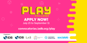 Cartel color rojo con letra blancas y amarillas sobre concurso del BID para buscar videojuegos en América Latina y El Caribe